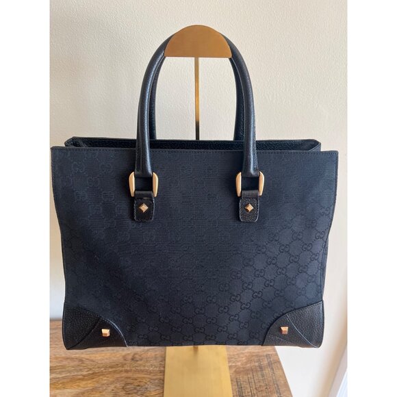 Gucci Black GG Canvas & Leather Tote Bag Gold-Tone Hardware Authentic Made In It - Picture 1 of 9